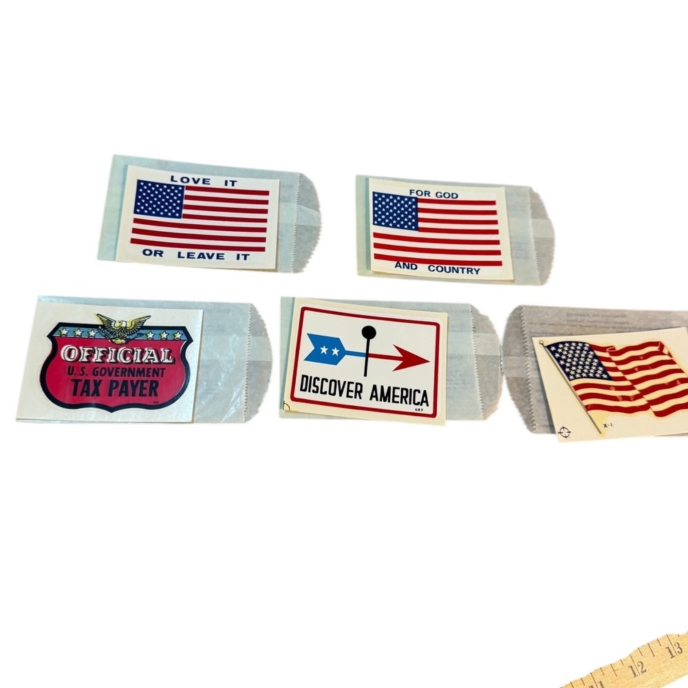 Vtg 1970s Patriotic USA Window Decals Lot Flags Discover America Taxpayer NOS 5‎